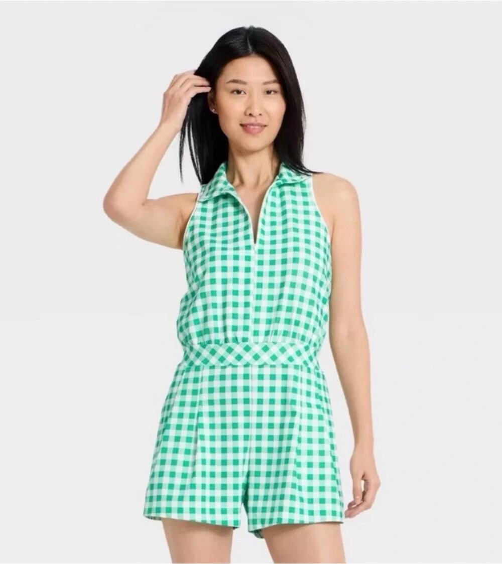 All in Motion Gingham Sleeveless Romper Large Green White Golf Tennis Shorts NWT